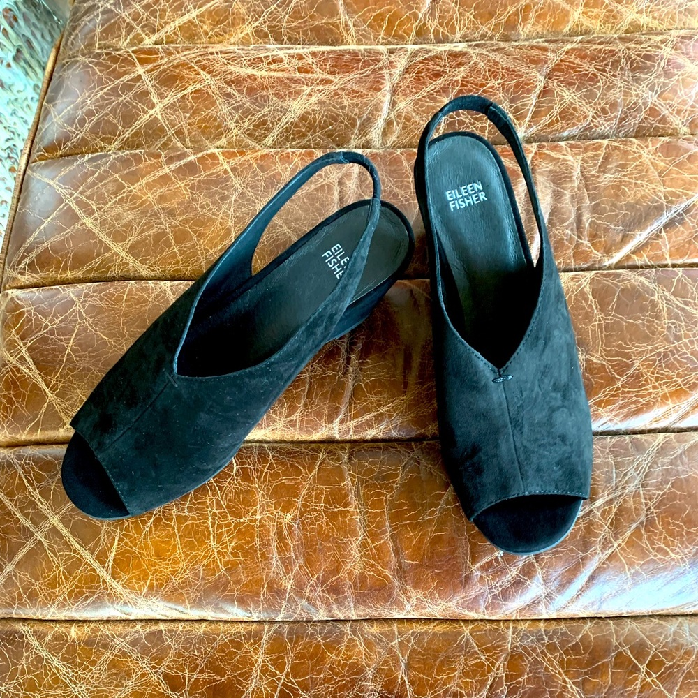 Eileen Fisher black Suede Open toe Sling Back shoe